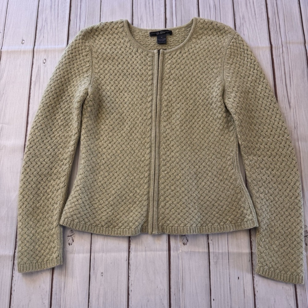 ELENA SOLANO 100% Cashmere Sage Olive Basket Weave Cardigan Sweater Size Small